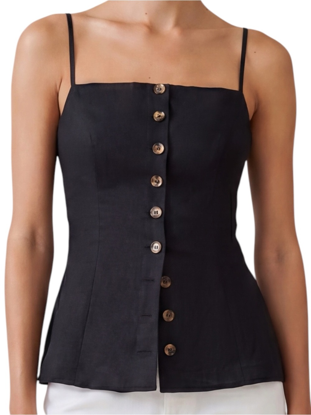 Kourt Few Moda Cecille Linen Top Black Button-Front Spaghetti Straps NWT